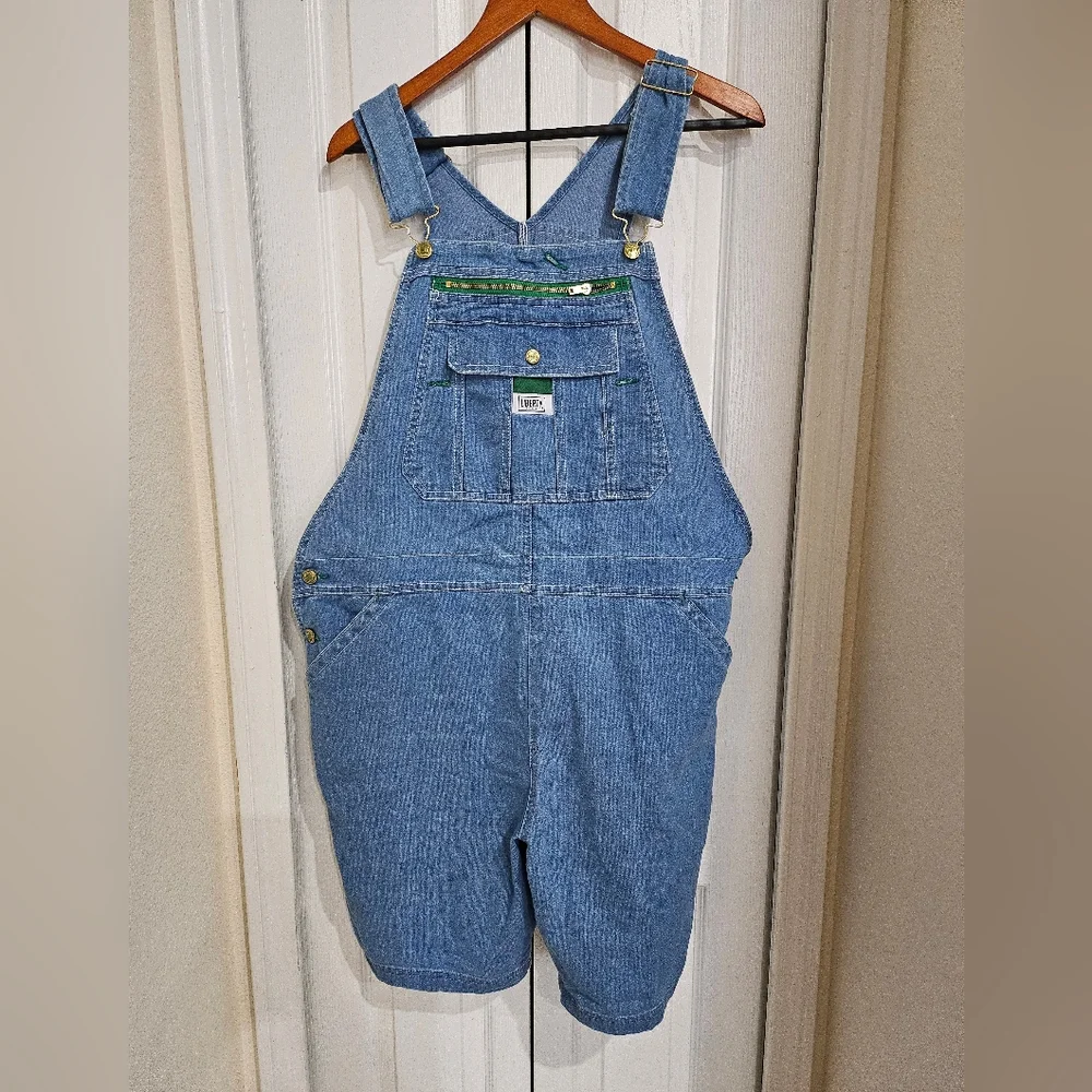 VINTAGE Liberty Blue Denim Short Y2K Overalls with Green Trim XL. - Picture 2 of 12